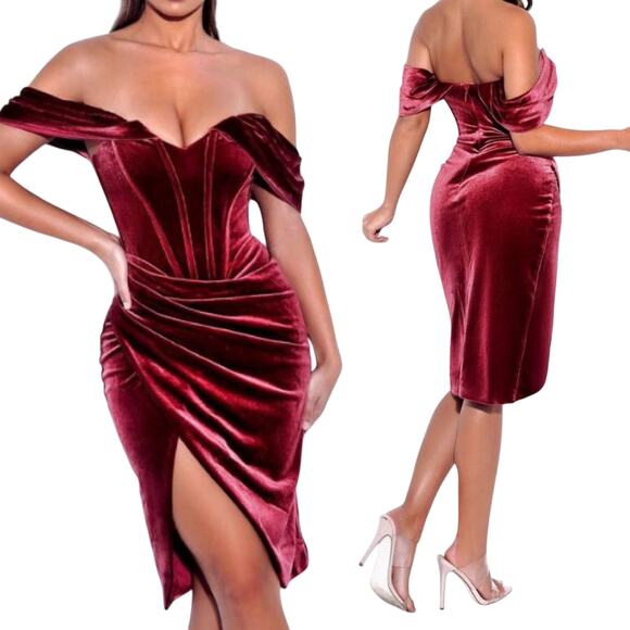 Miss Circle Omaria Velvet Dress Off Shoulder Corset Bustier Bodice Red Maroon XS - Picture 1 of 11
